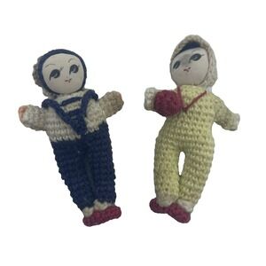 VINTAGE LOT OF 2 AMIGURUMI CROCHET‎ MINIATURE DOLLS ASIAN BIG EYES SILK FACES